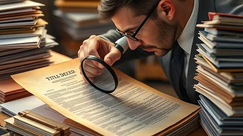 photorealistic, professional photography, 8K, cinematic lighting, sharp focus, depth of field, shot on a high-end DSLR, a legal professional meticulously examining a complex, aged title deed document with a magnifying glass, surrounded by stacks of files, a sense of focused determination, warm, soft light illuminating the documents.