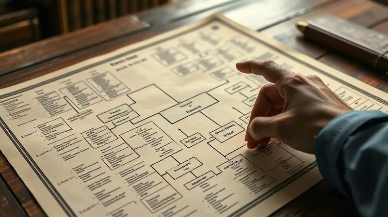 photorealistic, professional photography, 8K, cinematic lighting, sharp focus, depth of field, shot on a high-end DSLR, a detailed, vintage-style family tree chart spread across a wooden desk, with various names and dates, a focused hand pointing to a specific branch, a sense of historical research and lineage, warm, antique lighting.