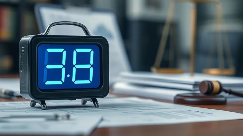 A photorealistic, professional photography, 8K image of a digital clock rapidly counting down, with blurred legal documents in the background, symbolizing the urgency of addressing legal issues. Cinematic lighting creates a tense atmosphere, sharp focus on the clock, depth of field blurring the background. Shot on a high-end DSLR.