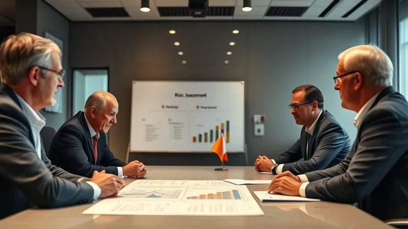 A photorealistic, professional photography, 8K image of a company's leadership team in a modern boardroom, engaged in serious discussion, with a whiteboard showing risk assessment charts. Cinematic lighting, sharp focus on the faces and board, depth of field blurring the background, conveying strategic risk mitigation. Shot on a high-end DSLR.