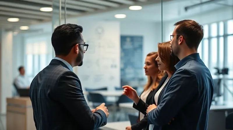A photorealistic, professional photography, 8K image of a diverse team of professionals collaboratively reviewing a complex flowchart diagram on a glass wall in a modern office, symbolizing robust internal controls and process optimization. Cinematic lighting, sharp focus on the team and diagram, depth of field blurring the background. Shot on a high-end DSLR.