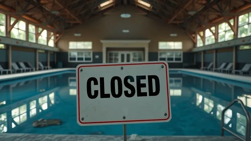 A photorealistic, professional photography, 8K, cinematic lighting, sharp focus, depth of field, shot on a high-end DSLR image of a dilapidated community clubhouse or pool, showing signs of neglect and disrepair, with a 'Closed' sign, conveying the tangible negative impact of financial shortfall.