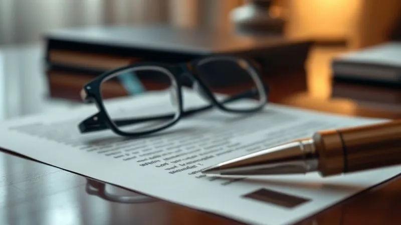 A photorealistic, professional photography, 8K, cinematic lighting, sharp focus, depth of field, shot on a high-end DSLR image of a formal letter on a polished desk, partially obscured by a pair of reading glasses, with a pen poised as if for signature, emphasizing serious, formal communication.