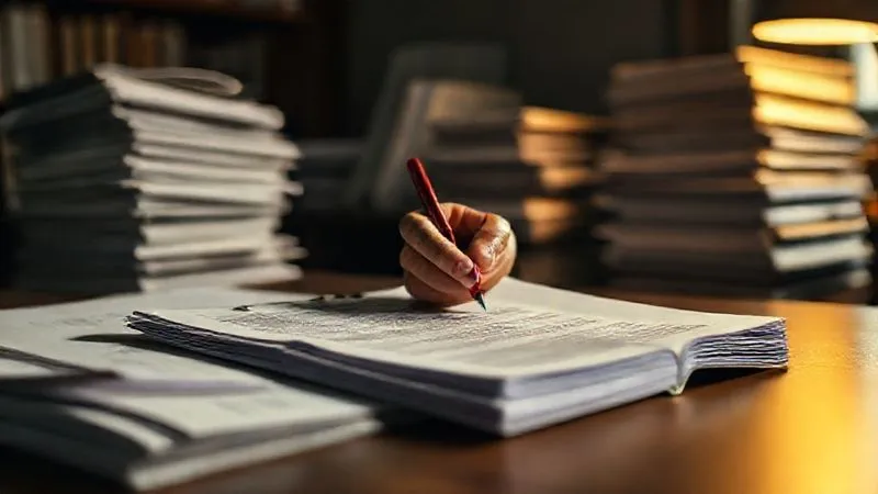 photorealistic, professional photography, 8K, cinematic lighting, sharp focus, depth of field, shot on a high-end DSLR, a lawyer's hands meticulously reviewing a thick, dog-eared federal presentence report with a red pen, surrounded by stacks of legal discovery documents in a dimly lit office, conveying intense scrutiny and dedication.