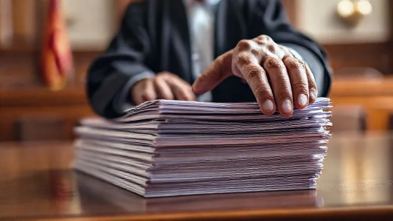 photorealistic, professional photography, 8K, cinematic lighting, sharp focus, depth of field, shot on a high-end DSLR, a close-up of a judge's hand resting on a stack of neatly organized legal briefs and a sentencing guidelines manual, with a blurred, respectful courtroom in the background, conveying gravity and the weight of the decision.
