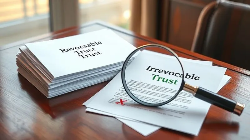 A photorealistic image of two distinct piles of legal documents, one labeled 'Revocable Trust' with a prominent red 'X' mark, and the other labeled 'Irrevocable Trust' with a green checkmark, placed on a polished mahogany desk. A magnifying glass is positioned over the irrevocable trust documents, emphasizing scrutiny. Soft, warm lighting from a nearby window. 8K hyper-detailed, sharp focus, depth of field, professional photography, shot on a high-end DSLR.