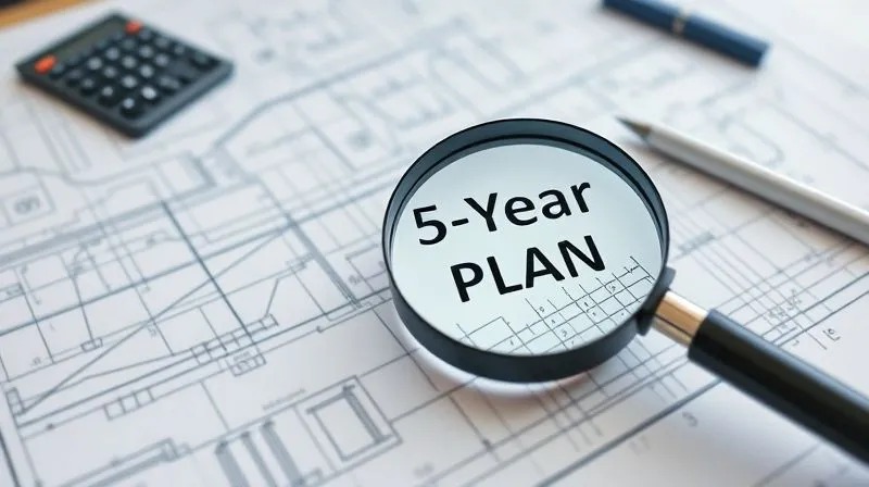 A photorealistic image of a complex blueprint or architectural drawing, with various lines and symbols representing financial and legal strategies. Overlayed on the blueprint is a magnifying glass highlighting a section labeled '5-Year Plan'. The scene is set on a well-lit, clean desk, with a pen and a calculator nearby, suggesting meticulous planning. 8K hyper-detailed, sharp focus, depth of field, professional photography, shot on a high-end DSLR.