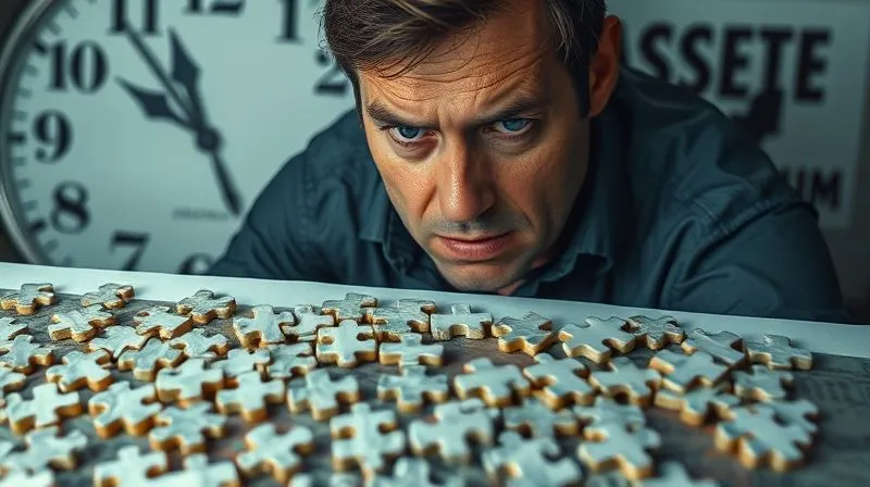 A photorealistic image depicting a person intensely focused on a complex financial puzzle, with various pieces representing assets and liabilities. A large clock in the background shows time running out, emphasizing urgency. The person's expression is determined but stressed, reflecting a crisis planning scenario. Cinematic lighting, sharp focus on the puzzle, depth of field, 8K hyper-detailed, professional photography, shot on a high-end DSLR.