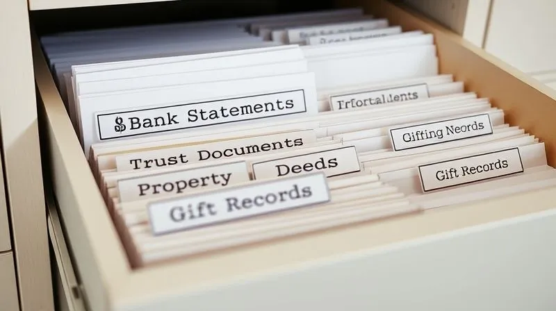 A photorealistic image of a well-organized filing cabinet drawer, with neatly labeled folders for 'Bank Statements', 'Trust Documents', 'Property Deeds', and 'Gift Records'. The folders are slightly ajar, revealing crisp, white papers. The setting is a professional, clean office environment with soft, natural light. 8K hyper-detailed, sharp focus, depth of field, professional photography, shot on a high-end DSLR.