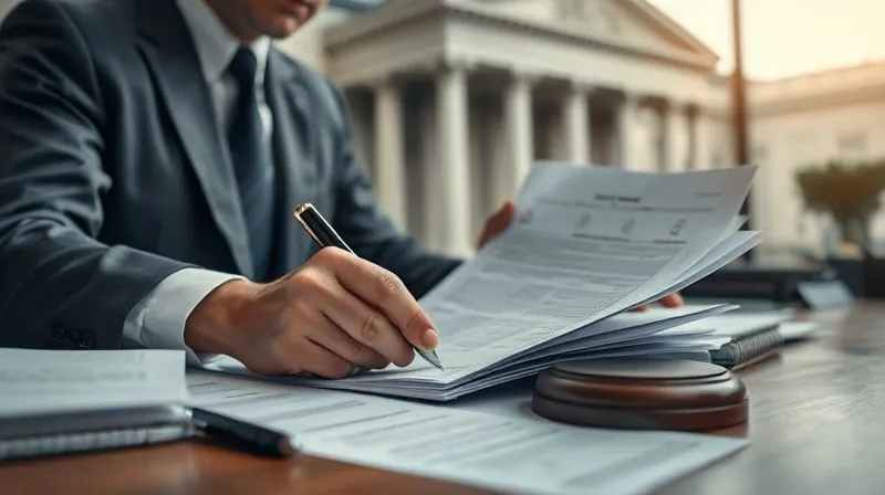A photorealistic image of a legal professional meticulously examining property appraisal documents and tax lien records on a large desk, with a blurred background of a court building. The scene is well-lit, conveying seriousness and detailed work. Shot on a high-end DSLR, 8K, cinematic lighting, sharp focus, depth of field.