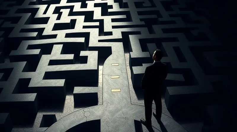 A photorealistic image of a complex financial maze or labyrinth, with a silhouette of a business person standing at a crossroads, looking confused, symbolizing common pitfalls in financial negotiation. The lighting is dramatic, casting long shadows. Shot on a high-end DSLR, 8K, cinematic lighting, sharp focus, depth of field.