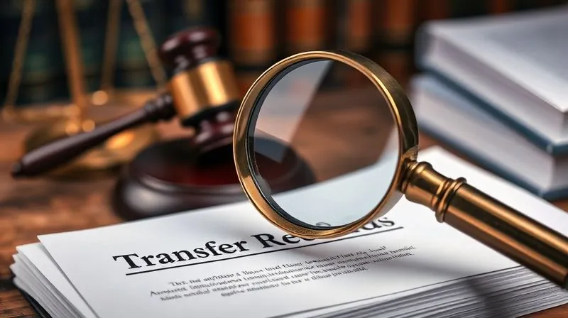 A photorealistic image of a vintage brass magnifying glass hovering over a stack of legal documents labeled 'Transfer Records,' with a blurred background of a judge's gavel and law books, symbolizing intense scrutiny and legal review. Professional photography, 8K, cinematic lighting, sharp focus, depth of field, shot on a high-end DSLR.