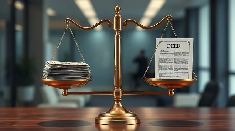 A photorealistic image of a legal scale perfectly balanced, with one side holding a stack of cash and the other side holding a deed to a property, signifying 'reasonably equivalent value.' The background is a blurred, modern office setting, emphasizing fairness and professional dealings. Professional photography, 8K, cinematic lighting, sharp focus, depth of field, shot on a high-end DSLR.