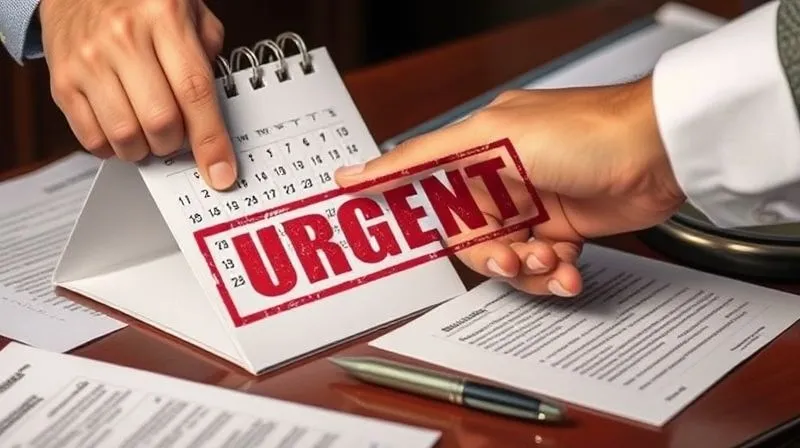 A photorealistic image of a person's hand pointing at a calendar with a large, bold 'Urgent' stamp over a critical date, surrounded by legal documents and a pen on a mahogany desk. The lighting is dramatic, highlighting the urgency and importance of timely action. Professional photography, 8K, cinematic lighting, sharp focus, depth of field, shot on a high-end DSLR.