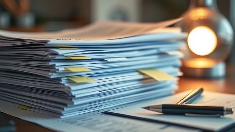 A close-up, photorealistic image of a stack of joint utility bills, bank statements, and tax documents, neatly organized with sticky notes, lit by a desk lamp. The focus is sharp on the documents' details, depth of field blurs a legal pad and pen in the background. 8K, cinematic lighting, professional photography, shot on a high-end DSLR.