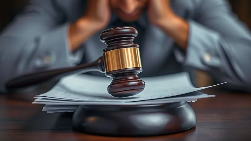 A photorealistic image of a legal gavel resting on a stack of documents, with a blurry background of a person's hands anxiously holding their head. The lighting is somber, emphasizing the stress and gravity of legal proceedings. Sharp focus on the gavel, depth of field creating a sense of urgency and concern, 8K, professional photography, shot on a high-end DSLR.