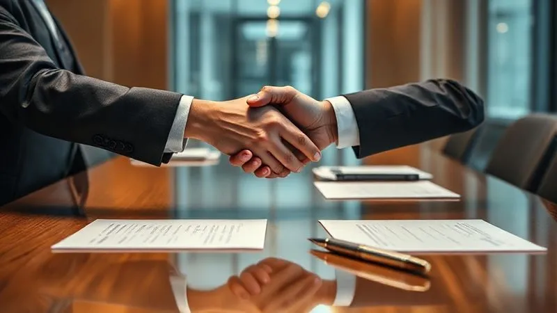 A photorealistic image of two business professionals shaking hands across a polished conference table, with legal documents and a pen subtly visible. The atmosphere is professional and collaborative, with cinematic lighting and a slight depth of field. Professional photography, 8K, sharp focus on the handshake, shot on a high-end DSLR.