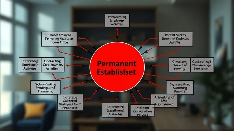 Photorealistic, professional photography, 8K, cinematic lighting, sharp focus, depth of field, shot on a high-end DSLR. A complex, multi-layered diagram or flowchart showing interconnected nodes and arrows, representing the various criteria that lead to a 'Permanent Establishment' trigger. The central node is a 'Remote Employee Home Office', with surrounding factors like 'Contracting Authority', 'Core Business Activities', and 'Duration of Presence'. The diagram should have a sense of intricate legal pathways and potential pitfalls, with some paths highlighted in red for risk.