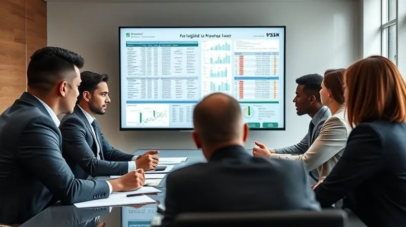 A photorealistic, professional photography, 8K, cinematic lighting, sharp focus, depth of field shot on a high-end DSLR of a diverse legal team in a modern, well-lit conference room, intensely strategizing around a large monitor displaying complex legal documents and financial spreadsheets. The mood is serious and determined, reflecting the gravity of pre-litigation planning.