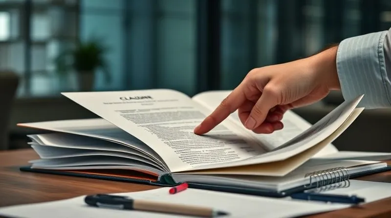 A photorealistic, professional photography, 8K, cinematic lighting, sharp focus, depth of field shot on a high-end DSLR of a hand pointing to a specific clause in a large, open legal binder, with other binders and pens neatly arranged on a modern desk. The background is a slightly blurred, professional office environment, symbolizing meticulous review and organization.