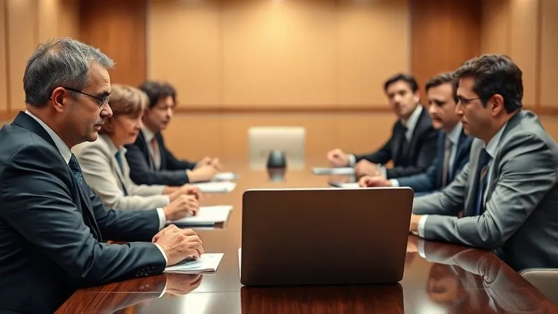 A photorealistic image of a tense but professional meeting between legal representatives in suits and government officials, seated at a polished conference table. A laptop displays a blurred data graph. Professional photography, 8K, cinematic lighting, sharp focus on the faces and interaction, depth of field blurring the background, shot on a high-end DSLR.