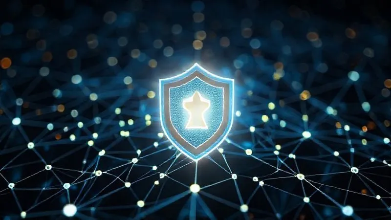 A photorealistic image of a resilient digital shield icon, glowing softly, overlaid on a complex network of interconnected nodes, symbolizing robust cybersecurity and legal protection. Professional photography, 8K, cinematic lighting, sharp focus on the shield, depth of field blurring the network, shot on a high-end DSLR.