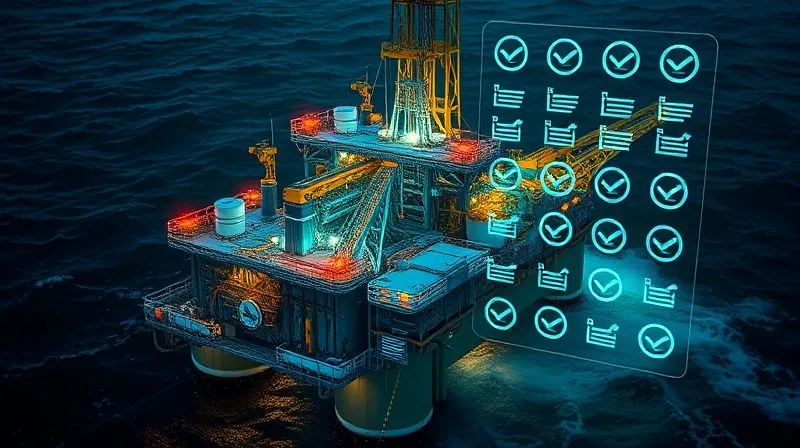 A photorealistic, professional photography, 8K, cinematic lighting, sharp focus, depth of field, shot on a high-end DSLR. A detailed, illuminated 3D projection of a complex offshore drilling rig's internal systems, overlaid with glowing digital regulatory compliance checklists, against a backdrop of a turbulent, dark ocean. The scene evokes the intricate challenge of navigating new safety regulations in a high-stakes environment.