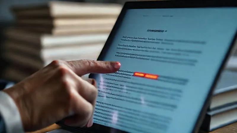 A photorealistic, professional photography image of a lawyer's hand meticulously reviewing a digital contract on a screen, with a subtle, glowing red error icon partially visible within the AI-generated text. Cinematic lighting, sharp focus on the screen, depth of field blurring a stack of legal books in the background, 8K hyper-detailed, conveying vigilance against AI errors.