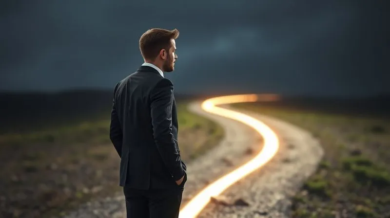 A photorealistic image of a business person standing at a crossroads, one path clear and well-lit, the other dark and treacherous, symbolizing the critical decision point for a company facing financial distress. The person is looking thoughtfully at the paths, with a subtle sense of urgency. Cinematic lighting, sharp focus on the person, 8K hyper-detailed, professional photography, shot on a high-end DSLR, depth of field.