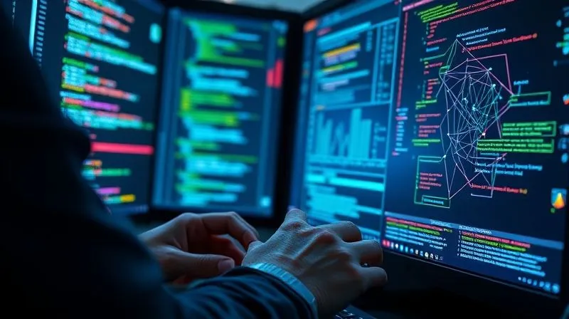 A photorealistic, professional photography, 8K, cinematic lighting, sharp focus, depth of field, shot on a high-end DSLR image of a cybersecurity expert's hands working on multiple glowing screens displaying complex code and network diagrams, with a sense of urgency and precision, representing digital forensics and incident containment.