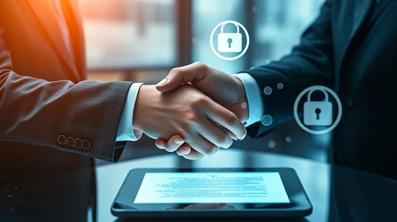 A photorealistic, professional photography, 8K, cinematic lighting, sharp focus, depth of field, shot on a high-end DSLR image of two business professionals shaking hands over a digital tablet displaying a secure data sharing agreement, with a subtle overlay of abstract cybersecurity symbols, representing secure vendor relationships and trust in data management.