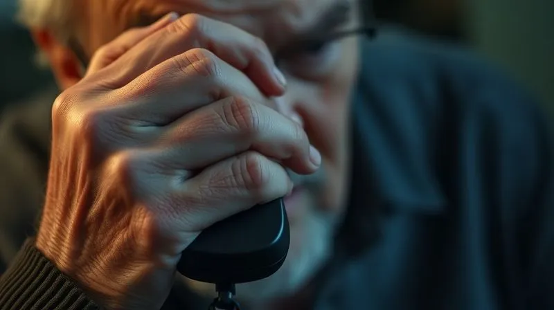 A close-up, photorealistic image of a trembling elderly hand holding a phone, dialing 911, with a distressed expression blurred in the background, conveying urgency and fear. Professional photography, 8K, cinematic lighting, sharp focus on the hand and phone, depth of field, shot on a high-end DSLR.
