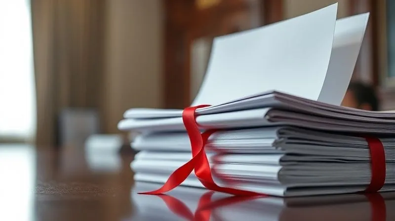 A close-up, photorealistic shot of a stack of legal documents tied with a red ribbon, symbolizing justice and formal proceedings, with a blurred courtroom or office background. Professional photography, 8K, cinematic lighting, sharp focus on the documents, depth of field, shot on a high-end DSLR.