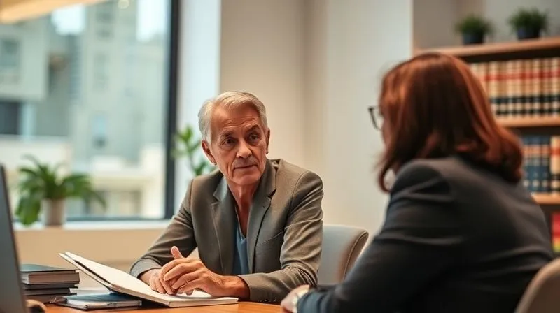 A photorealistic image of a professional elder law attorney, a diverse individual, empathetically listening to a concerned family member in a well-lit, modern office. The focus is on their interaction, with legal books subtly blurred in the background. Professional photography, 8K, cinematic lighting, sharp focus, depth of field, shot on a high-end DSLR.