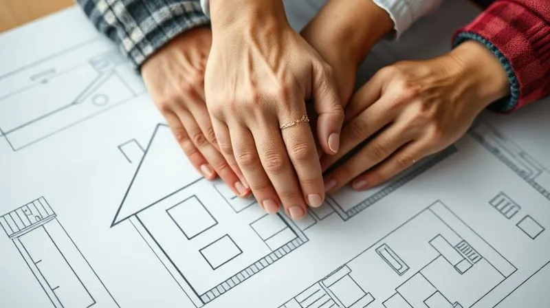 A photorealistic, professional photography image of several diverse hands, including an elderly hand, gently clasped together over a blueprint of a house, symbolizing a strong, protective support network and careful planning for a secure home environment. 8K, cinematic lighting, sharp focus, depth of field, shot on a high-end DSLR.