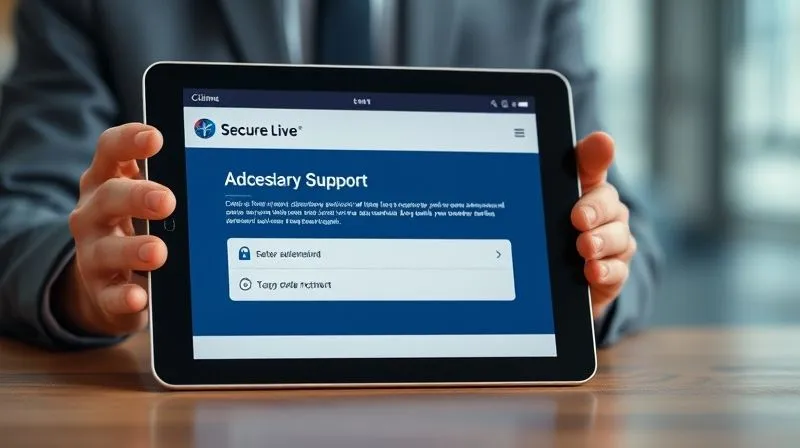 A photorealistic, professional image of a secure, branded client communication portal on a tablet screen, showing a message about a data security incident and options for support. The background is a blurred, reassuring image of a customer service representative. Cinematic lighting, sharp focus on the tablet, depth of field, 8K hyper-detailed, shot on a high-end DSLR.