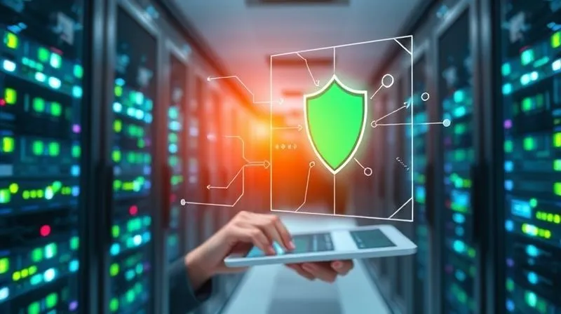A photorealistic, professional image of a clean, modern data center with rows of glowing servers, overlaid with a subtle holographic representation of a secure network diagram and a green shield icon. The foreground shows a cybersecurity professional reviewing a security dashboard on a tablet. Cinematic lighting, sharp focus on the dashboard and servers, depth of field, 8K hyper-detailed, shot on a high-end DSLR.