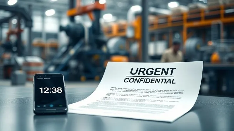 Photorealistic image of a legal document marked 'URGENT' or 'CONFIDENTIAL' on a desk, next to a smartphone showing a timer counting down, with a blurred background of a complex industrial facility, cinematic lighting, sharp focus on the document, depth of field, 8K hyper-detailed, professional photography.