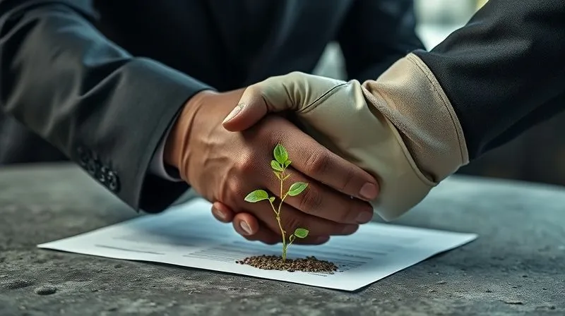 Photorealistic image of two hands, one in a business suit and the other in a work glove, shaking hands over a blurred legal document and a small plant sprouting from concrete, symbolizing negotiation and environmental repair. Cinematic lighting, sharp focus, depth of field, 8K hyper-detailed, professional photography.
