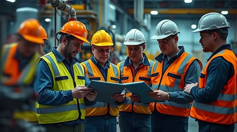 Photorealistic image of a diverse team of professionals in hard hats and safety vests conducting a detailed inspection of industrial equipment, using tablets and checklists, with a focus on collaborative problem-solving, cinematic lighting, sharp focus, depth of field, 8K hyper-detailed, professional photography.