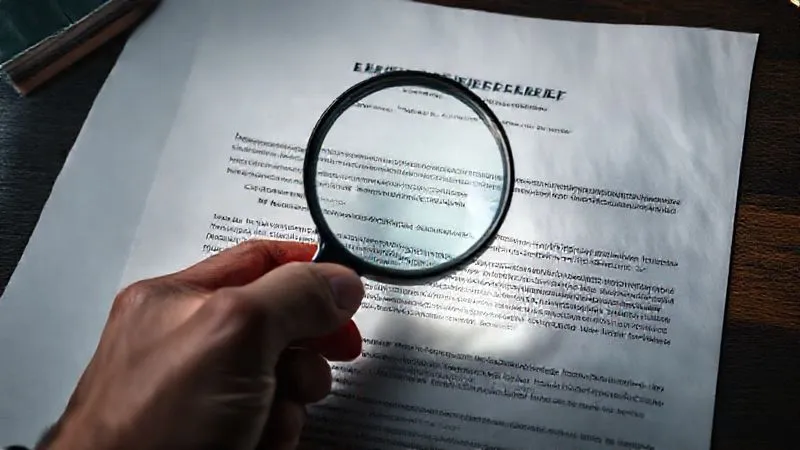 A photorealistic close-up of a hand holding a magnifying glass over a dense, official-looking environmental permit denial letter, with specific sections highlighted. The lighting is focused and analytical, conveying intense scrutiny. 8K, cinematic lighting, sharp focus, depth of field, shot on a high-end DSLR.