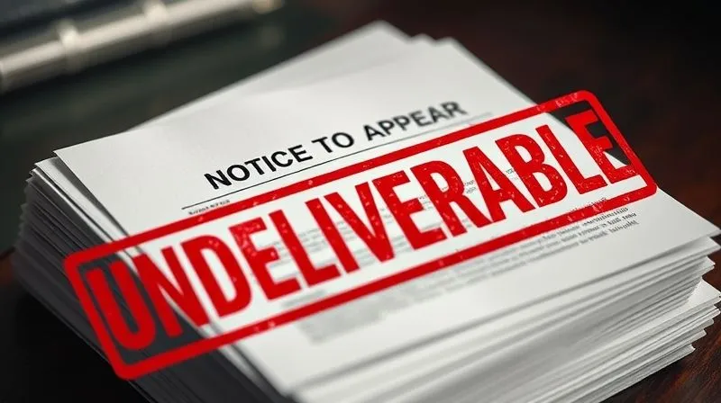 A photorealistic image of a stack of immigration court documents, with a prominent 'Notice to Appear' form on top, partially obscured by a red 'UNDELIVERABLE' stamp. Cinematic lighting, sharp focus on the stamp and form, depth of field blurring other documents. 8K hyper-detailed, professional photography.