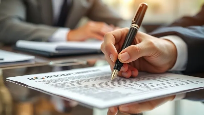 photorealistic, professional photography, 8K, cinematic lighting, sharp focus, depth of field, shot on a high-end DSLR. A close-up of a meticulously written independent contractor agreement being signed with a fountain pen, with a professional business environment blurred in the background. The image emphasizes precision, legality, and commitment.