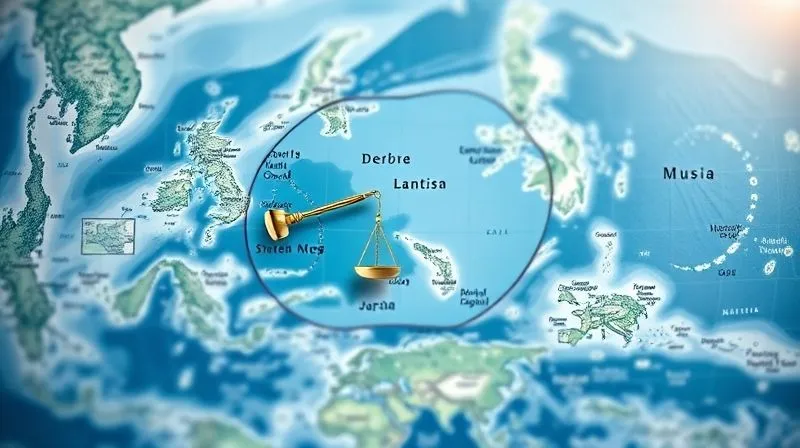 A highly detailed, photorealistic map showing overlapping maritime exclusive economic zones (EEZs) and continental shelf claims, with subtle digital representations of legal scales or gavels superimposed over the disputed areas. Cinematic lighting, sharp focus on the map details, depth of field blurring the surrounding ocean, 8K hyper-detailed, professional photography.