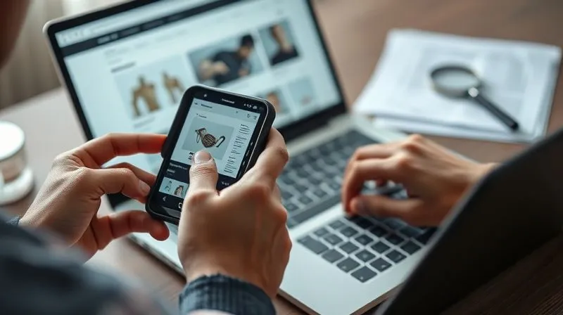 Photorealistic, professional photography, 8K, cinematic lighting, sharp focus, depth of field, shot on a high-end DSLR. A person's hands meticulously documenting evidence of intellectual property infringement. One hand holds a smartphone taking a clear photo of a product on a screen, while the other hand types notes on a laptop keyboard. The screen shows a website with an infringing design. Legal documents and a magnifying glass are subtly present in the softly blurred background, emphasizing the seriousness of the task.