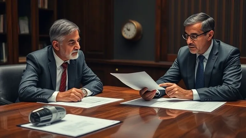 Photorealistic, professional photography, 8K, cinematic lighting, sharp focus, depth of field, shot on a high-end DSLR. A serious, professional consultation between a patent holder and an experienced intellectual property attorney. They are seated at a large wooden desk, reviewing documents and patent drawings. The attorney, a distinguished individual, points to a detail on a document, while the patent holder listens intently. A subtle, modern product design is visible on the desk, representing the subject of the patent. The atmosphere is focused and collaborative.