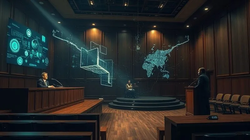 A photorealistic image of a dimly lit, modern courtroom with transparent, glowing digital data streams and holographic projections flowing between the judge's bench, a defense attorney's table, and the witness stand, illustrating the 'digital battlefield' of contemporary legal proceedings. The focus is on the intricate, interconnected nature of the digital evidence.