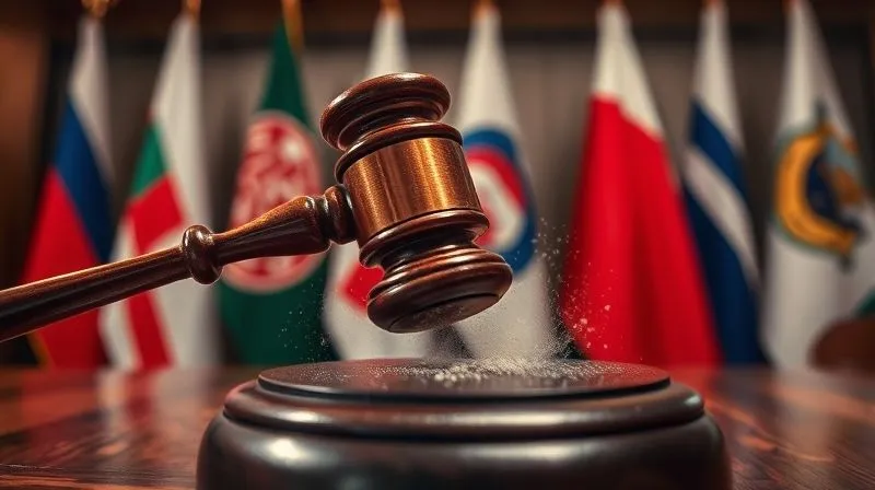 A dramatic, low-angle shot of a polished wooden gavel striking a sound block on a judge's bench, sending a subtle cloud of dust into the air, symbolizing a decisive legal action. In the blurred background, international flags are subtly visible, under cinematic lighting, 8K, professional photography, sharp focus on the gavel, depth of field.
