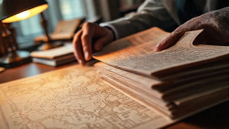 A photorealistic image from a low angle, showing a lawyer's hands meticulously reviewing stacks of old, brittle property deeds and a complex, hand-drawn survey map under the warm glow of a desk lamp, emphasizing the intricate details and the weight of the historical documents. The background is blurred, focusing on the documents and the lawyer's focused hands. Professional photography, 8K, cinematic lighting, sharp focus, depth of field, shot on a high-end DSLR.