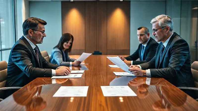 A photorealistic, professional photography image of two lawyers and their clients, looking serious but engaged, seated around a large polished conference table with a neutral mediator. They are reviewing documents, with a clear focus on constructive dialogue and problem-solving. The setting is a modern, professional law office, with soft, indirect lighting conveying a sense of calm and deliberation. 8K, cinematic lighting, sharp focus, depth of field, shot on a high-end DSLR.